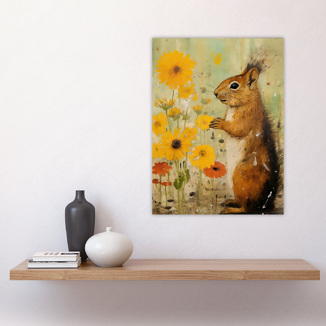 Squirrel In The Marigolds Stop To Smell The Flowers Oil Painting Large Wall Unframed Art Poster Print Thick Paper 18X24 Inch