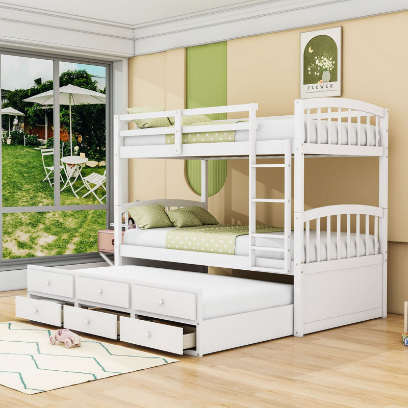 Ellaya Kids Twin Over Twin Bunk Bed with Trundle with Drawers, White