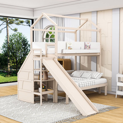 Twin over Twin/Full House-Shaped Bunk Bed with Slide, Guardrails, and Staircases