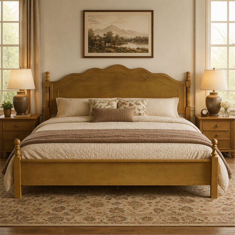 Lit plateforme King avec tête de lit courbée, style vintage classique, sans sommier nécessaire, Chêne foncé