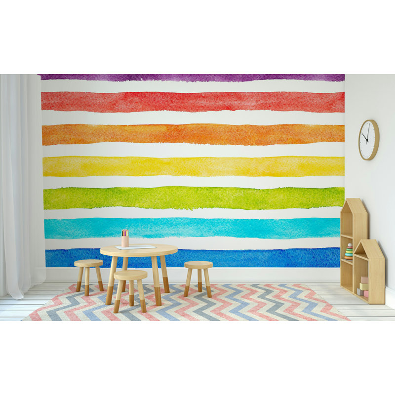 Papier peint à rayures aquarelle arc-en-ciel sur fond blanc, L 49,92 po x l 75 po