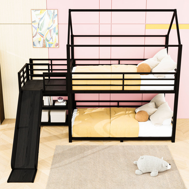 House-Shaped Multi-Functional Metal Bunk Bed with Built-in Stair Storage and Slide, Twin Over Twin