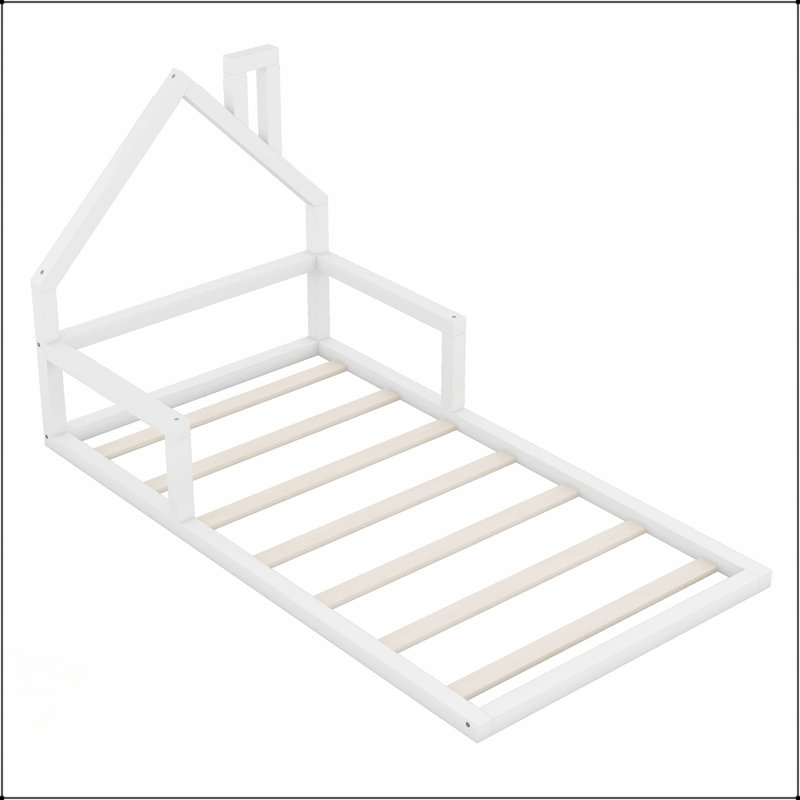 Wood Floor Bed With House-Shaped Headboard, Durable Solid Wood Construction For Cozy And Modern Bedrooms, Twin, White