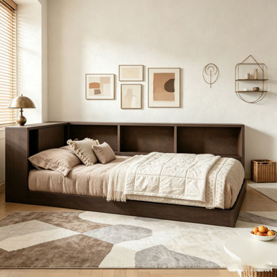Grand lit de jour en bois avec tablettes de rangement, USB et DEL