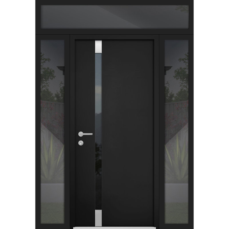 Porte d'entrée extérieure prémontée en acier Cynex 6777 noire, avec 2 fenêtres latérales et supérieures, inserts en acier inoxydable, style moderne, peinte, dimensions : L 12 + 32 + 12 x H 80 + 16, ouverture à droite vers l'extérieur.