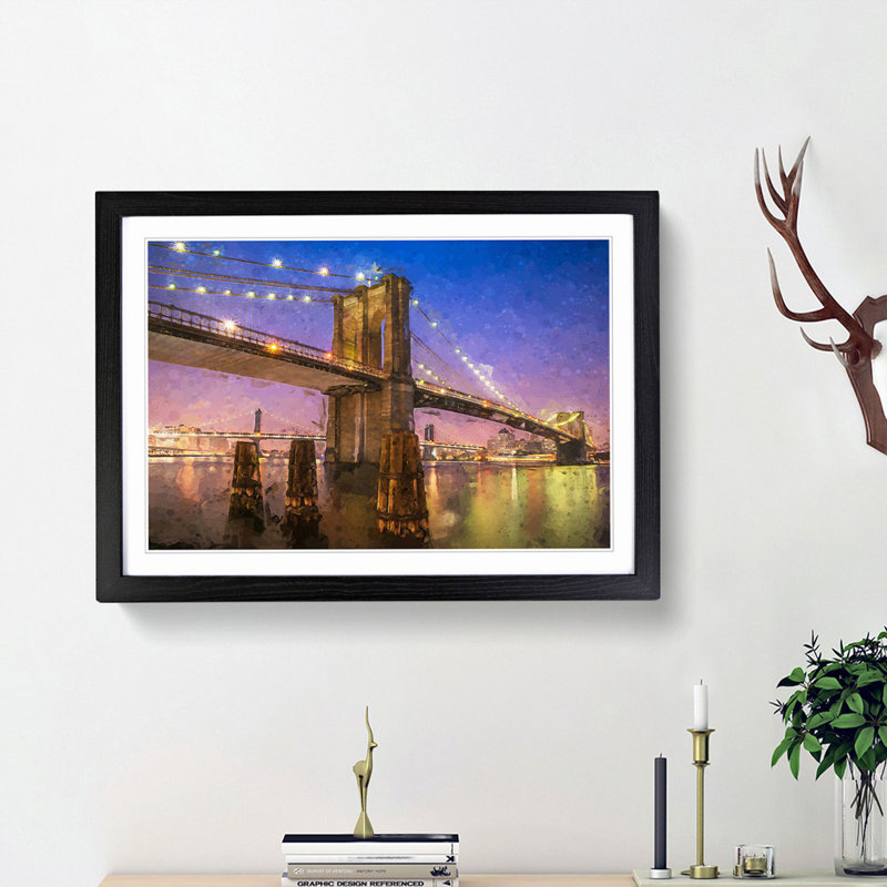 Brooklyn Bridge at Night in Abstract - Picture Frame Graphic Art Print, 62cm H x 87cm W x 2cm D, Black Framed