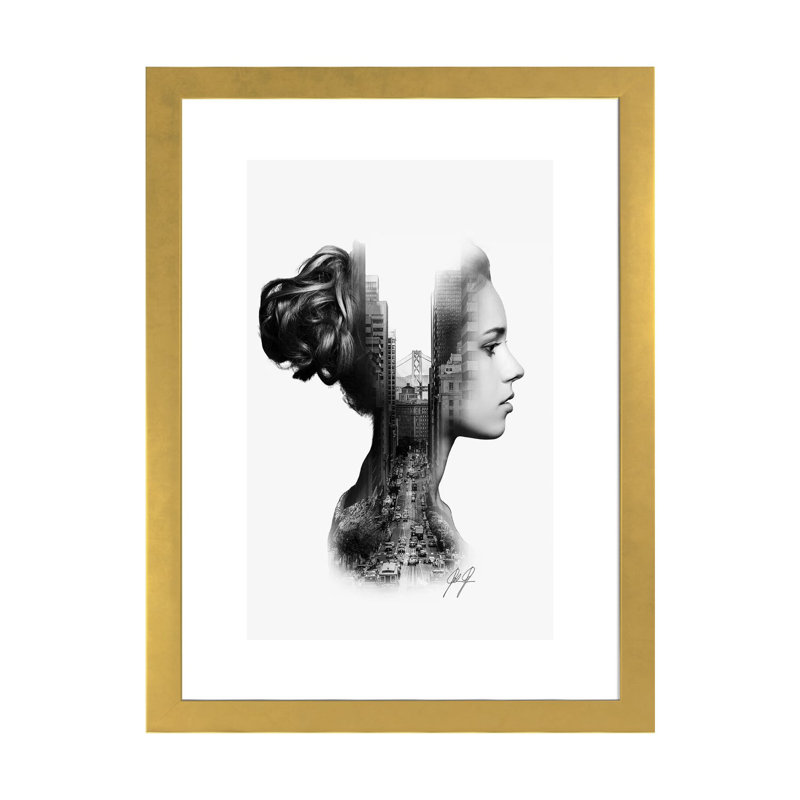 Impression d’art graphique « profile I » par Kathrin Federer, H 32 po x l 24 po x P 1 po, Papier encadré doré, Blanc