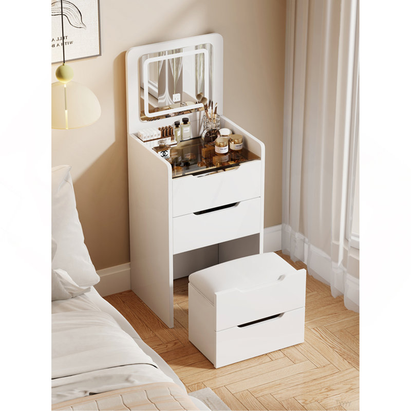 ( 48CM ) 3 In 1 Vanity Desk With Plip Top Mirror, Small Make Up Vanity Set With Visible Glass Desktop, Compact Makeup Vanity With 3 Drawers, Dressing Table For Bedroom ( White Color )