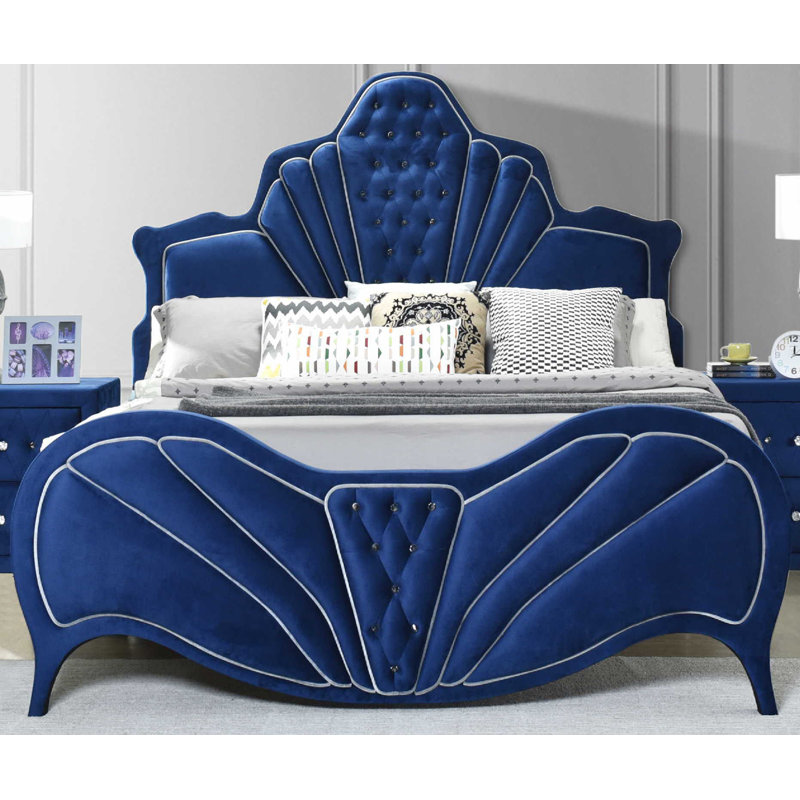 Grand lit plateforme tapissier Lieran, Bleu, Grand
