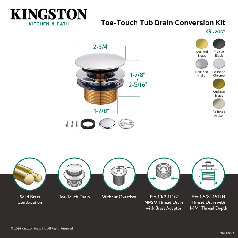 Kingston Brass Eugene Toe Touch Tub Drain Conversion Kit, Brushed Brass