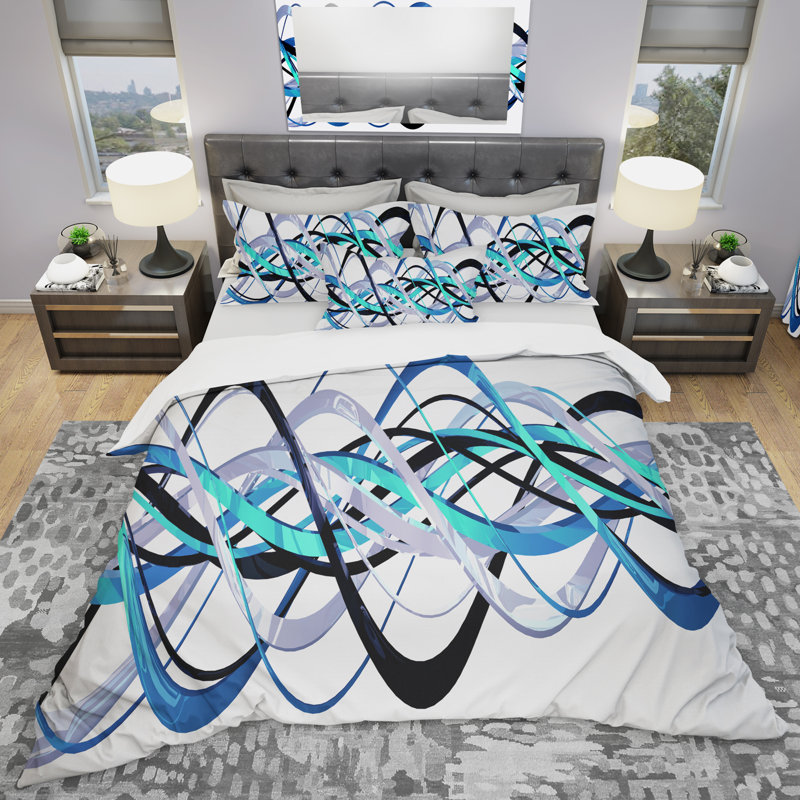 Blue and Silver Helix - Abstract Duvet Cover Set - Microfiber Polyester, King Duvet Cover + 2 Shams