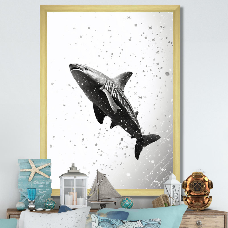 " Monochrome Gray Shark Dance II ", 32" H x 24" W x 1" D, Gold Single Picture Framed