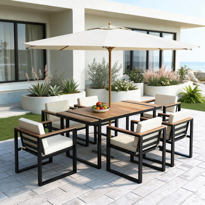 Ensemble de table de salle à manger d'extérieur 7 pièces avec chaises et coussins amovibles pour patio