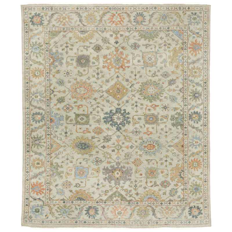 Presley Hand-knotted Wool Oriental Beige/ Green Area Rug, Rectangle 10' x 14'