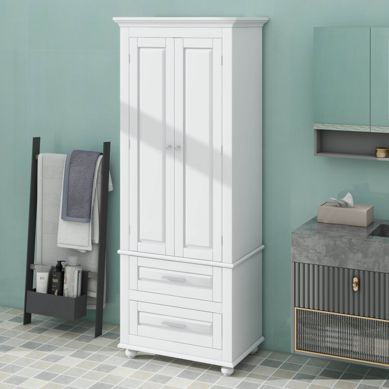 Tall Storage Cabinet, High-Quality Painted MDF, 3-Tier Upper Cabinet + 2 Drawers, Adjustable Shelf, White