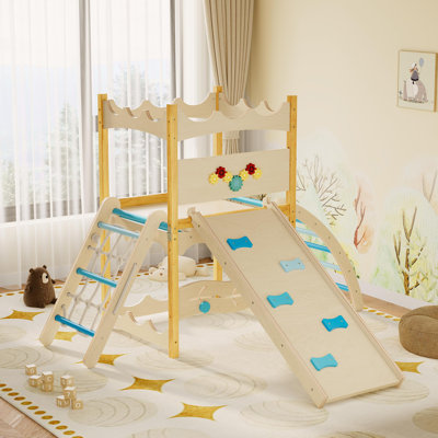 Gymnase de la jungle intérieure, jouets d'escalade en bois pour enfants 6 en 1, ensemble d'escalade en bois avec glissade, rocher et filet d'escalade, échelle, aire de repos et labyrinthe circulaire, ensemble d'escalade pour enfants