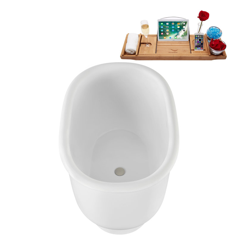 47" Streamline Soaking Acrylic Freestanding Bathtub, Bamboo Tray, Drain, Brushed Gun Metal
