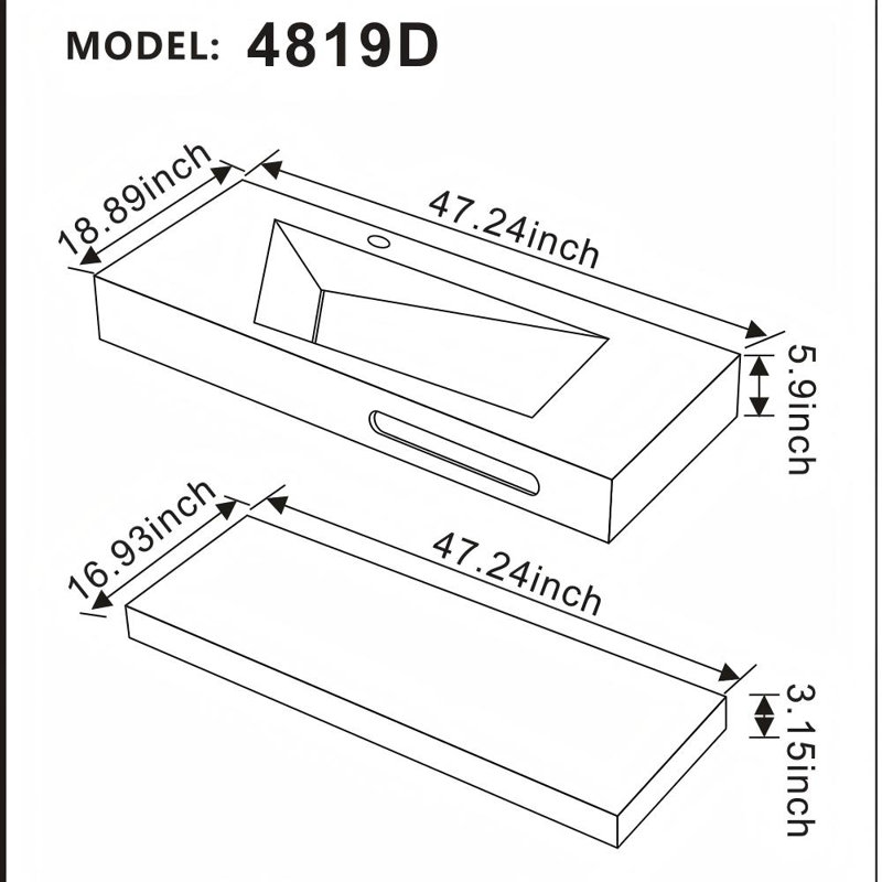 48" Double Layers Bathroom Vanity , Wall-mounted Floating White Rectangular Resin Basin Without Faucet, White
