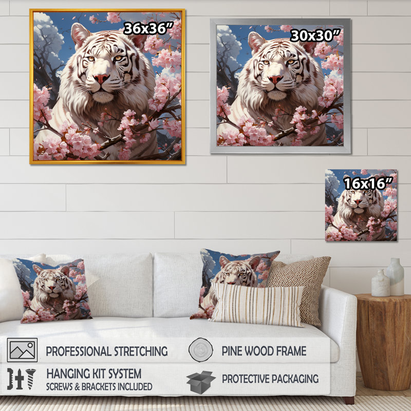 Fleur rose rose, tigre blanc II, art mural tigre, Cadre flottant noir, 36" H x 36" W