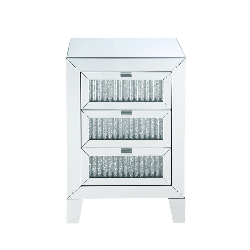 Noralie Mirrored Glass 3-Drawer Nightstand with Faux Diamond Inlay