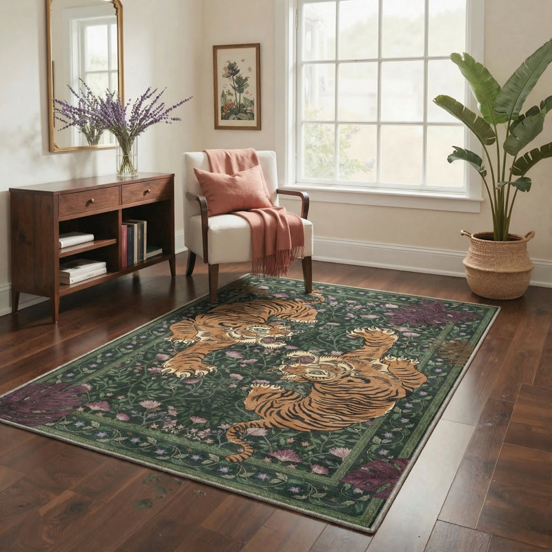 Tapis lavable à la machine avec envers antidérapant Teiarra, Sage Green, Rectangle 5 pi x 7 pi