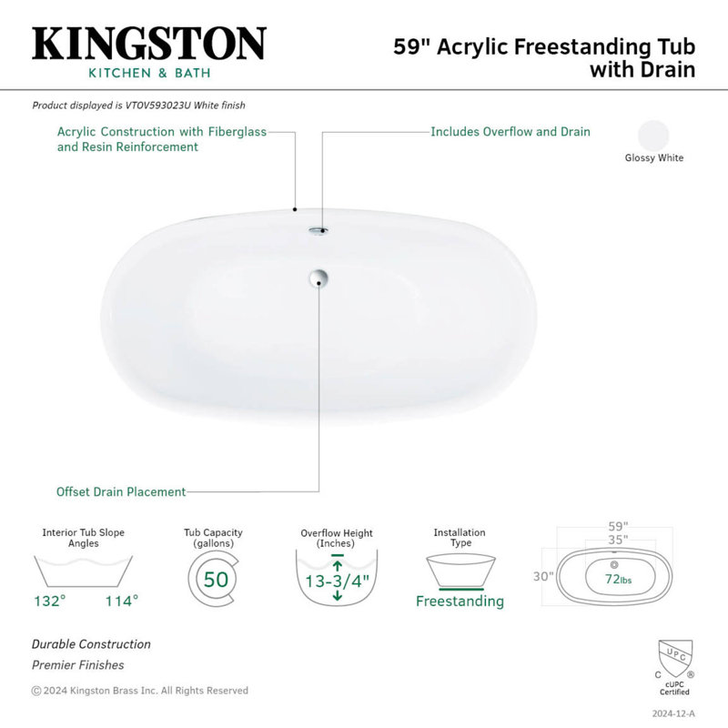 28" x 60" Freestanding Soaking Acrylic Bathtub