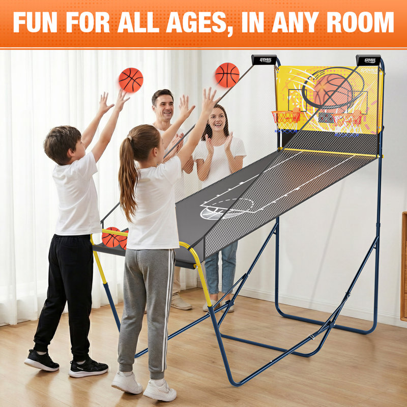 Machine d'arcade de basketball à double tir pour la maison avec réglable à l'avant et à l'arrière - Jeu de basketball intérieur avec pointage à DEL, conception pliable, 4 balles et pompe