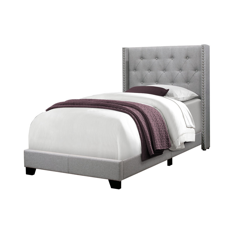 Lio Bed, Button Tufted Wingback Headboard, Velvet Upholstery, Gray, Twin