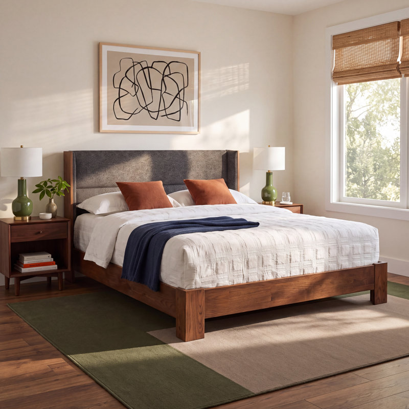Lit plateforme tapissier Sloane, Grand, Tissu ardoise (M10245), Noyer naturel