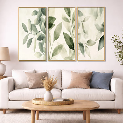 «Soft Sage Leaves - Ivory Leaves», ensemble de 3 reproductions sur toile encadrées