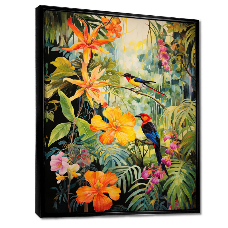 Oiseaux colorés dans une jungle tropicale fleurie - décoration murale oiseau, Toile avec cadre flottant noir
