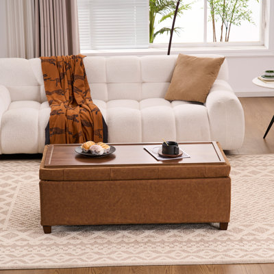 Repose-pieds de rangement rectangulaire de 45 po avec plateau, table basse avec rangement, grand tabouret rembourré avec plateau amovible pour le salon