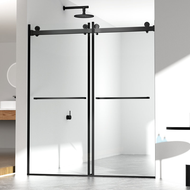 Double porte de douche coulissante, verre trempé transparent, couche latérale facile à nettoyer, nickel noir mat, tampon, fermeture douce, poignée, conception imperméable, traverse supérieure sécurisée pour la salle de bain,