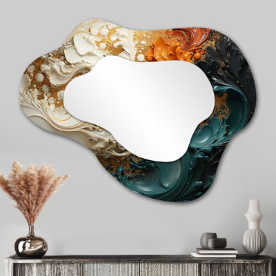 Orange and gold Ripple waves melody IV - Abstract Painting Asymmetrical Mirror, Orange Cloud Decorative Wall Mirror, Printed Metal Art