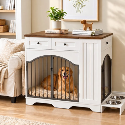 Cage pour chien robuste de style meuble de 43,3 pouces avec 3 tiroirs de rangement, 3 portes et mangeoire amovible, niche en bois renforcé pour chiens moyens à grands
