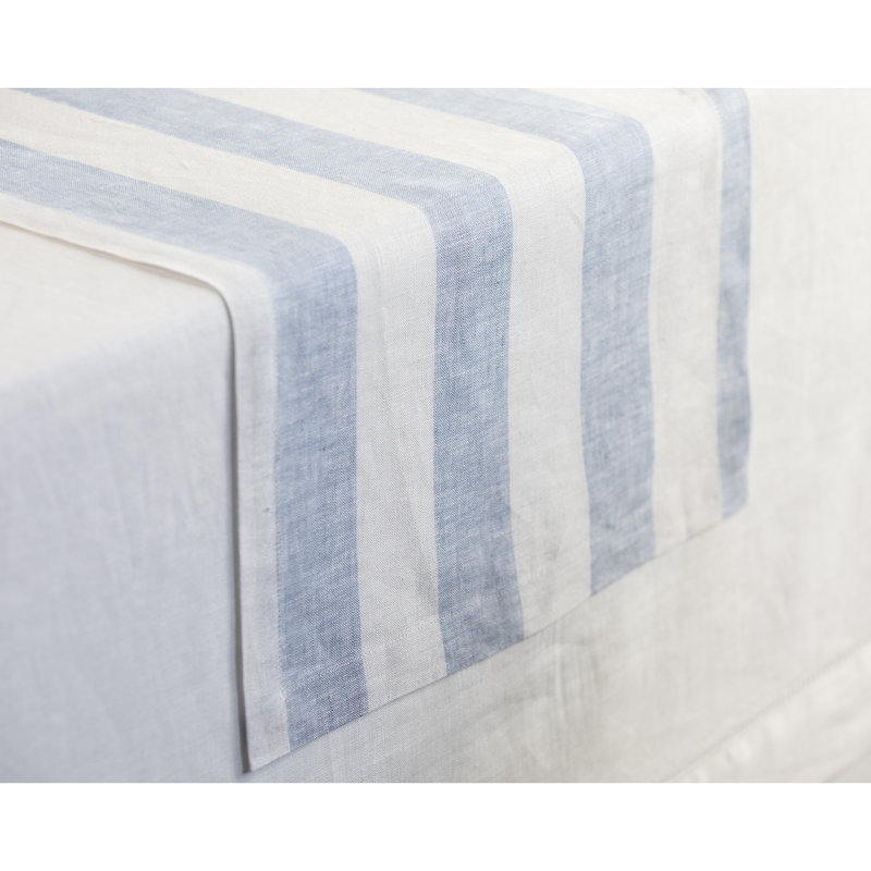 Cabana Stripe - 100% Pure Linen Table Runner, Sky Blue/White, 156" x 14"