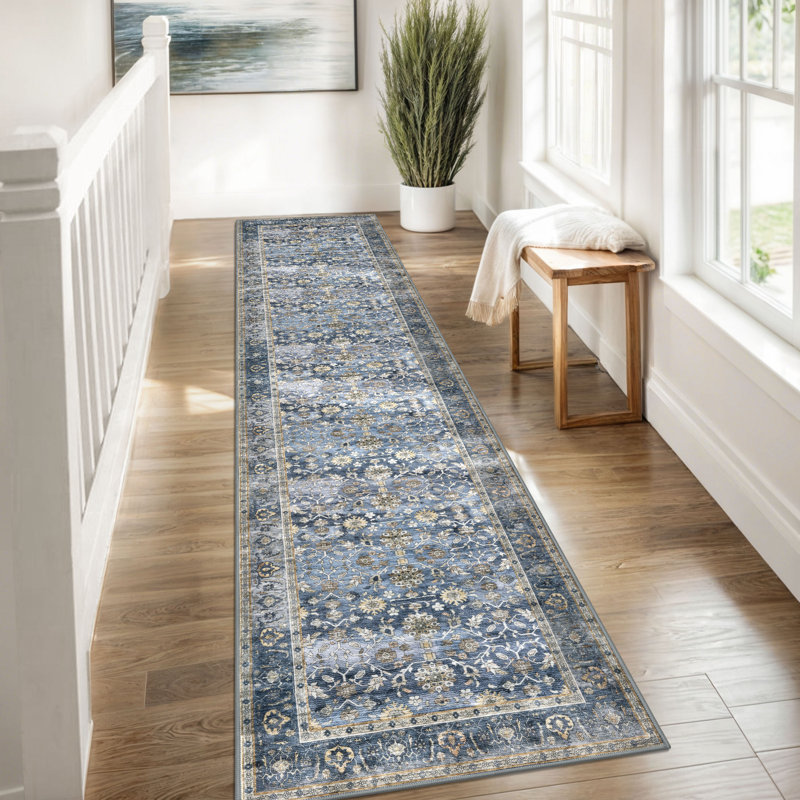 Area Rug Machine Washable Rug Oriental Indoor Rugs with Non-Slip Backing, Runner 2' x 8', Blue/Gray/Beige