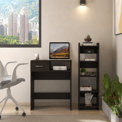 Home Office Set, Two Parts Set, One Drawer, Desktop, Keyboard Tray, Stand, Five Shelves, Black