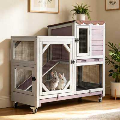 Duplex Rabbit Hutch Indoor With Chew-Proof Frame & 2 Leak-Proof Sliding Trays, Rain Cover, Wooden Guinea Pig Cages With Wheels - Gray