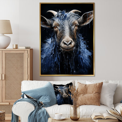 «Blue Celestial Goat Portrait» - art mural animal de chèvre