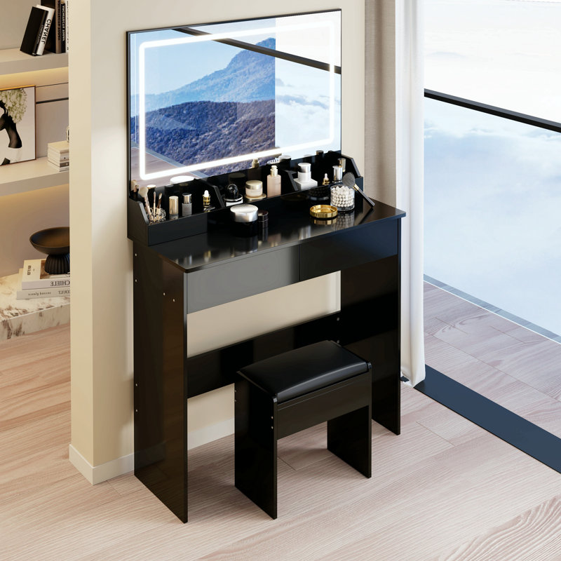 31" X 20" Extra Large Led Mirror Makeup Vanity Table + Soft Cushion Stool Suit, Touch Switch, 3 Colors, Adjustable Brightness, Large Capacity Storage, Compact Dressing Table Suitable For Small Space