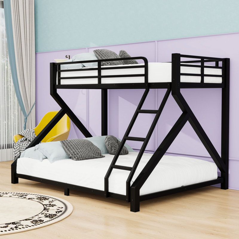 Metal Bunk Bed with Guardrails and Safety Ladder, Twin XL Over Queen