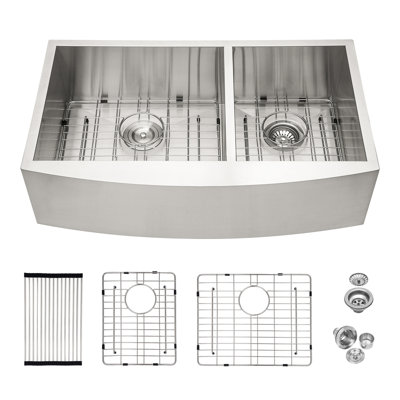 Évier de cuisine à double cuve - Évier de cuisine en acier inoxydable 33 po x 20 po à tablier frontal encastrable à double cuve de calibre 18 avec cuve profonde de 9 po