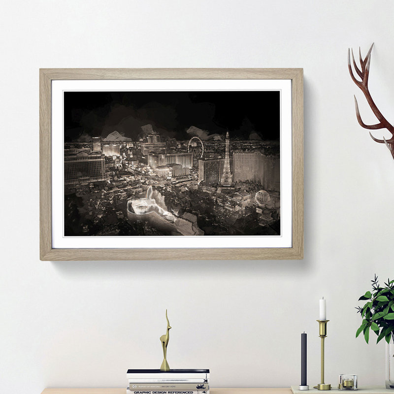Las Vegas Skyline at Night in Abstract - Picture Frame Graphic Art Print, 27cm H x 36cm W x 2cm D, Oak Framed