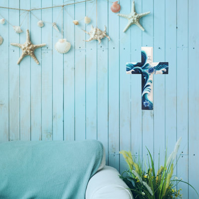 Résine de mer magnifique en forme de croix de vagues - décor nautique et océan, maison de plage, art mural, vie marine et marine