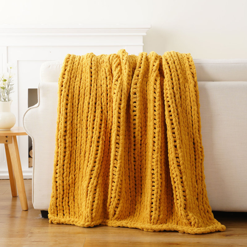 Jeté épais en tricot, jeté doux et épais en chenille, jeté en tricot fait à la main 50 po x 60, Moutarde