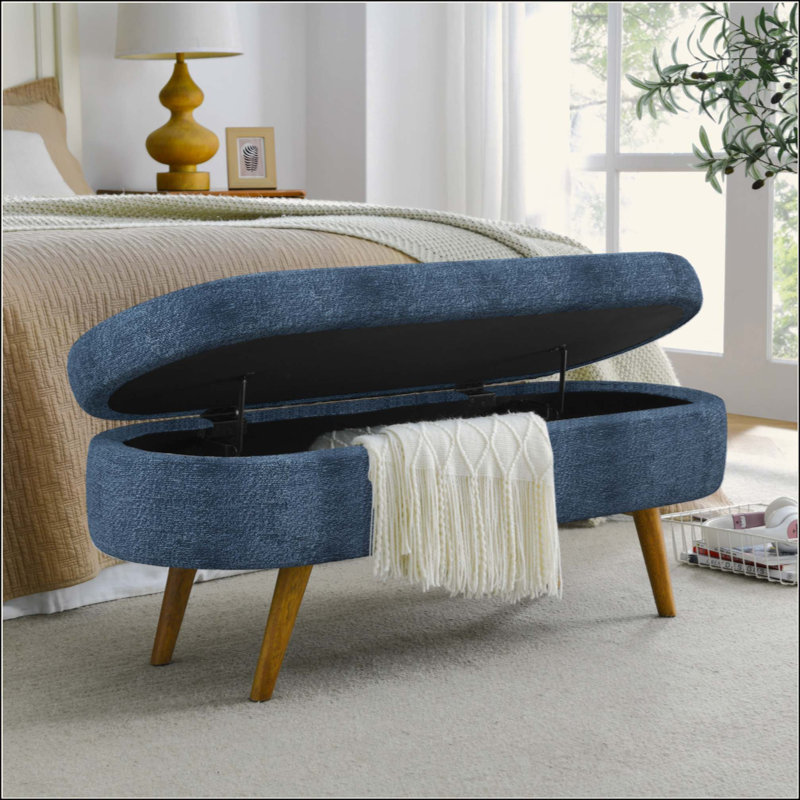 Oval Storage Ottoman Bench With Rubber Wood Legs, Fabric, Multi-Functional And Stylish For Modern Interiors, Dark Blue