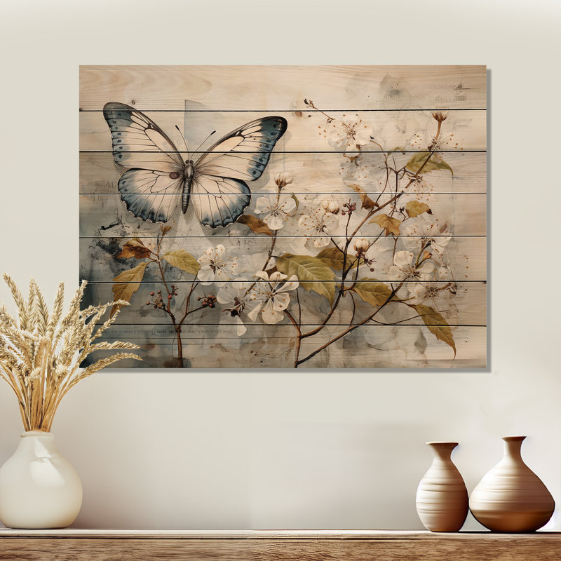 Papillon beige aperçu de sérendipité sur bois, H 10 po x l 20 po x P 0,78 po