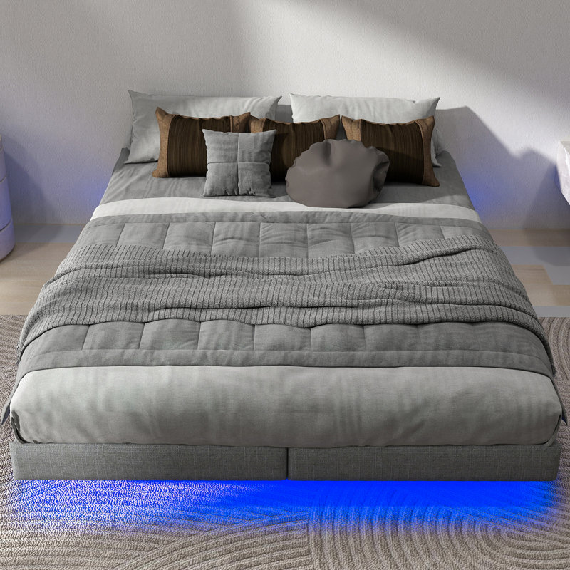 Floating Bed Frame with LED Lights Metal Slats Underbed Storage Space No Box Spring