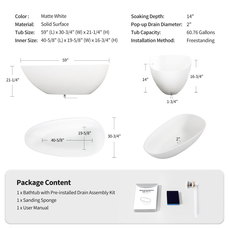 Freestanding Solid Surface Luxury Stone Resin Soaking Bathtub, Matte White, Adapted For Contemporary Bathrooms, 59" Depth Measurement, Overflow And Pop - Up Drain, Outstanding Heat Insulating